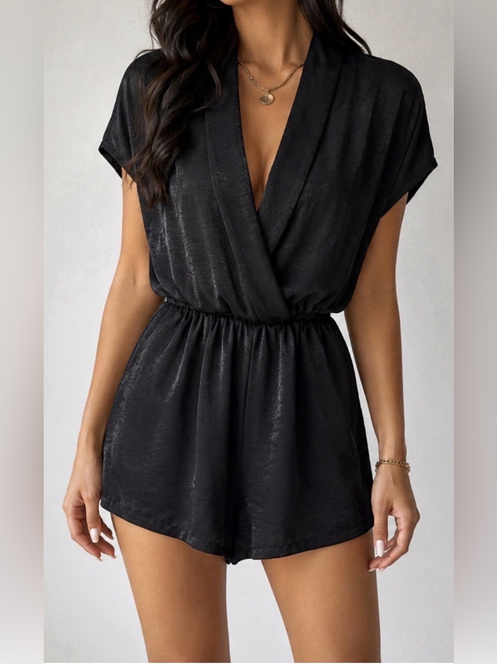BiBi Black Satin Surplice Romper Dolman Sleeve Elastic Waist Dressy Size L.